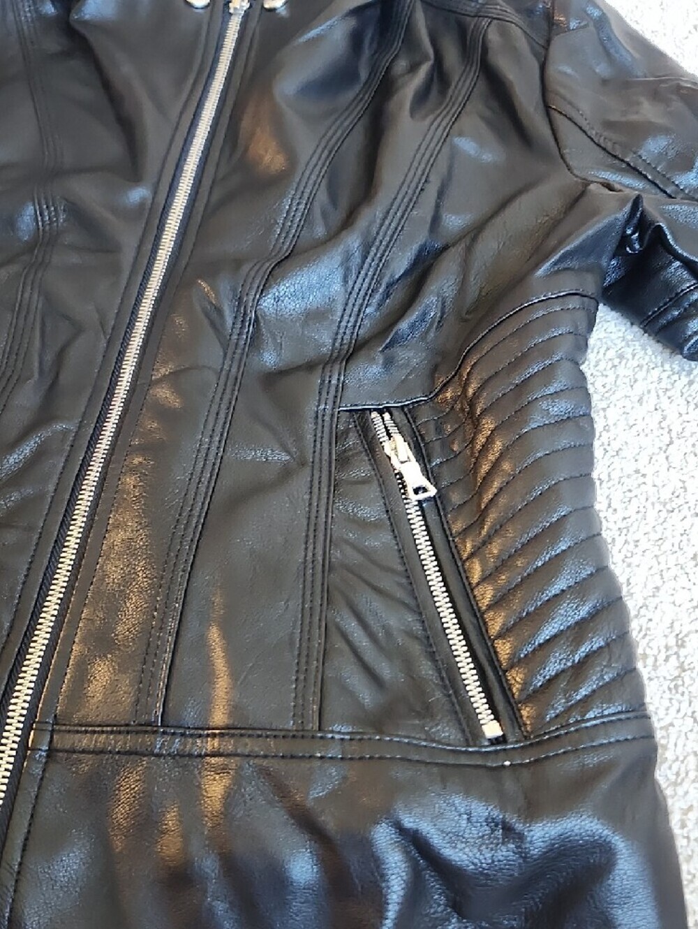 Guess Black Faux Leather Hooded Jacket with Quilted Panels - Picture 7 of 13